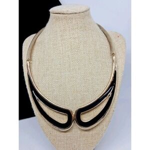 Vintage Black Enamel Choker Necklace Gold Tone Unique Statement Bold Chic Collar
